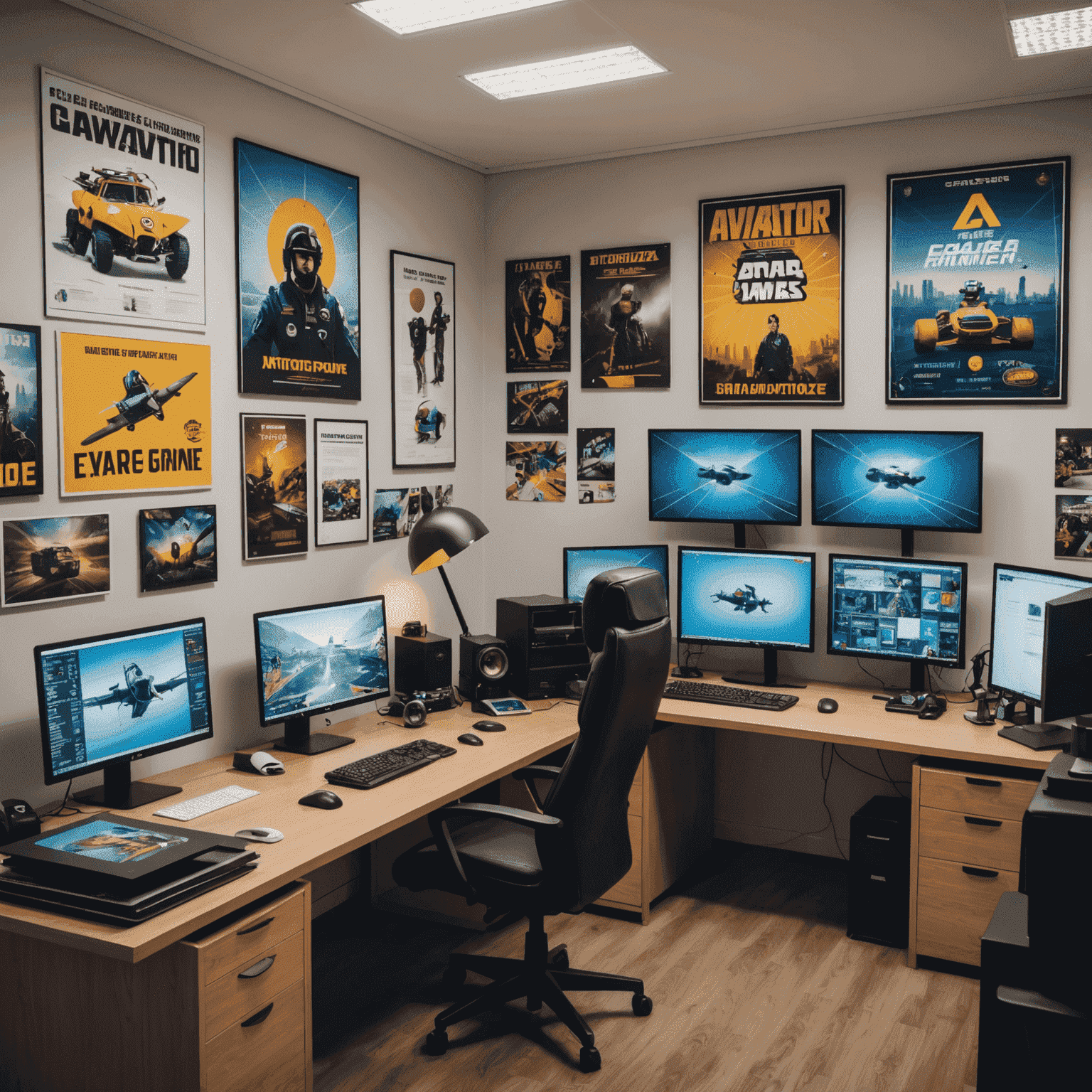 Imagem do escritório do GameVistaZone em Lisboa, mostrando uma sala moderna com estações de trabalho equipadas com computadores de última geração, decorada com pôsteres de jogos populares como Aviator e Plinko