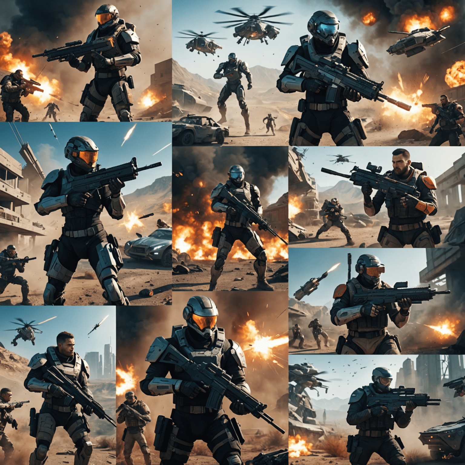 Imagem mostrando uma montagem de cenas de ação de jogos FPS futuros, incluindo armas, personagens e ambientes de batalha