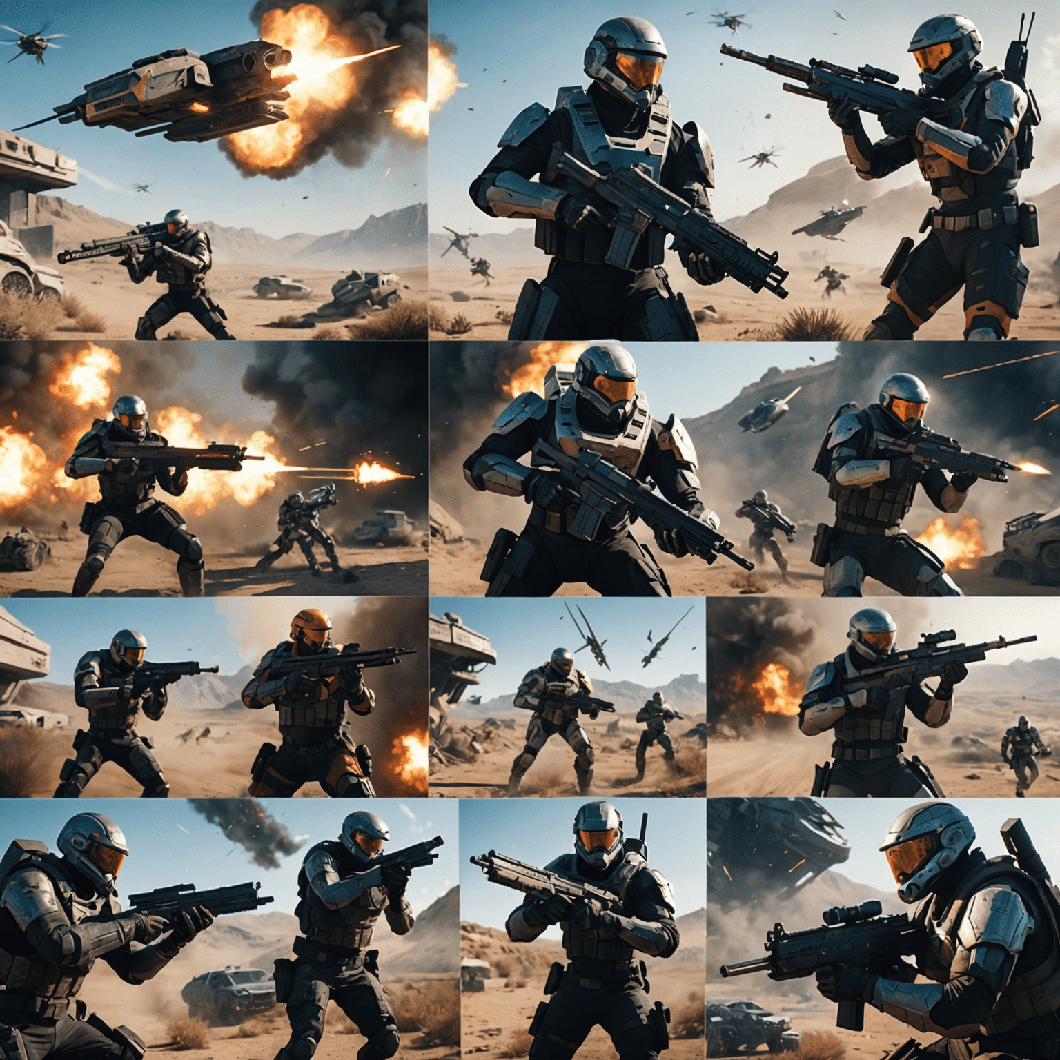 Imagem mostrando uma montagem de cenas de ação de jogos FPS futuros, com armas futuristas e cenários de batalha impressionantes