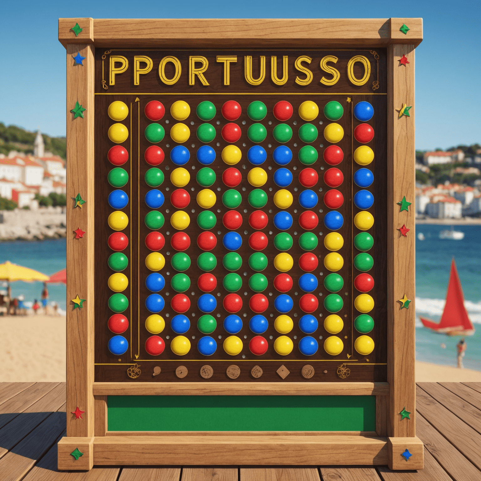 Captura de tela do jogo 'Plinko à Portuguesa' mostrando uma versão colorida e festiva do jogo Plinko com elementos da cultura portuguesa