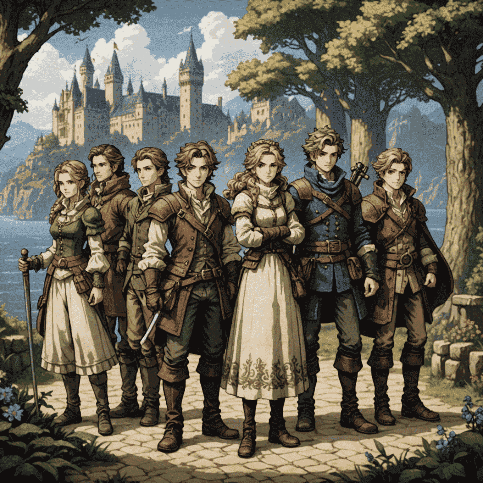 Arte em pixel HD de Octopath Traveler II mostrando os oito protagonistas em uma cena de grupo