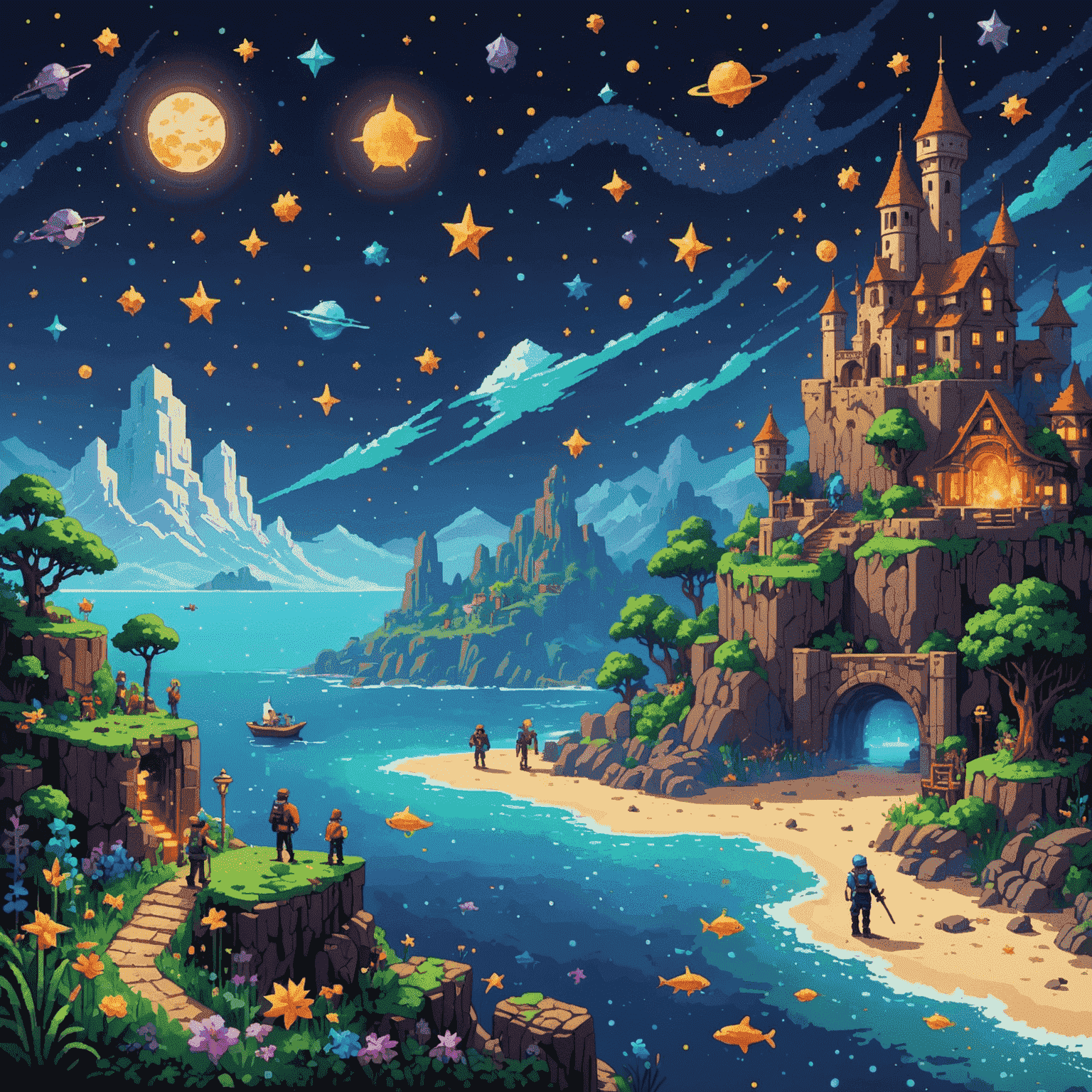 Arte pixelada colorida de Sea of Stars mostrando os heróis explorando um mundo mágico