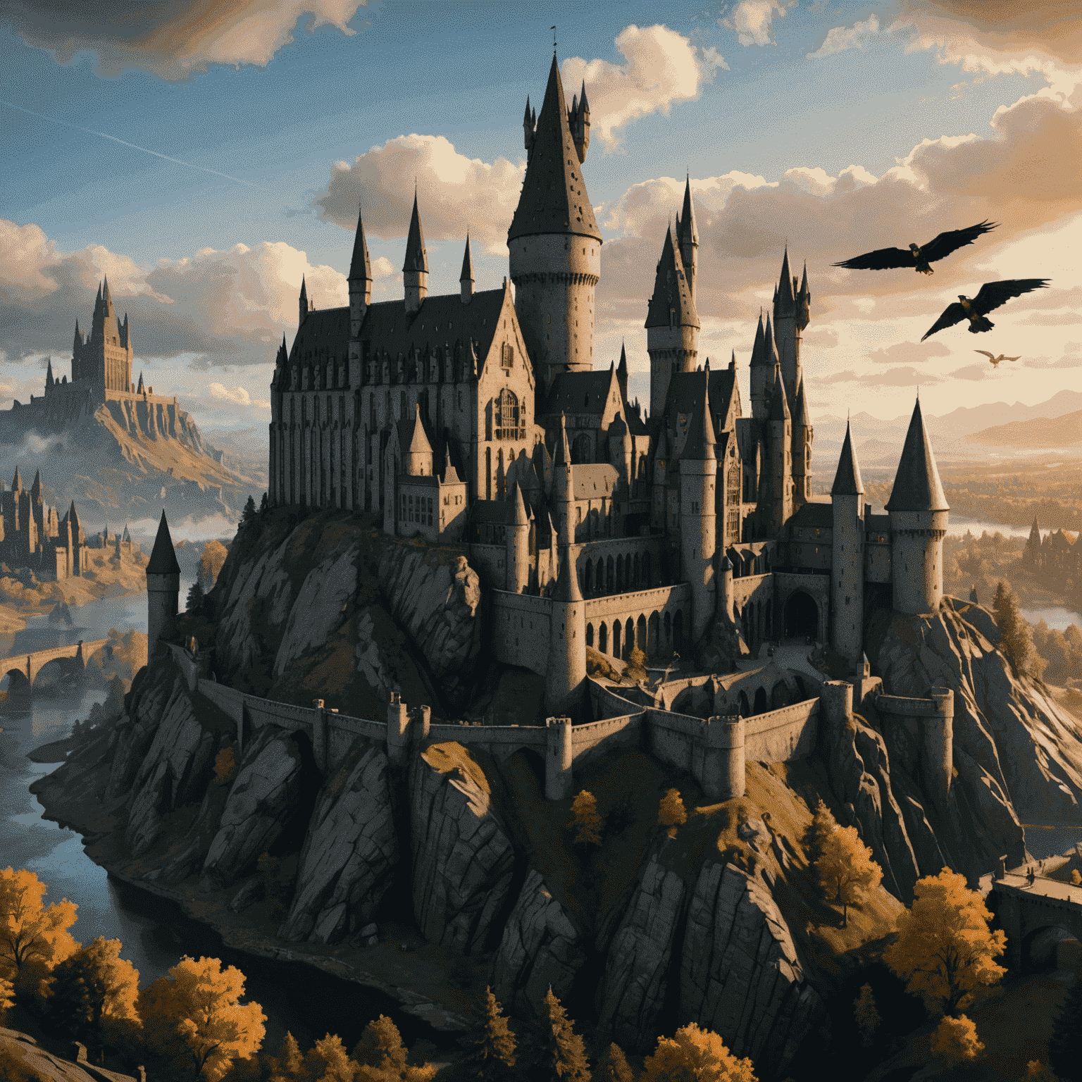 Vista panorâmica do castelo de Hogwarts em Hogwarts Legacy, com um bruxo voando em uma vassoura