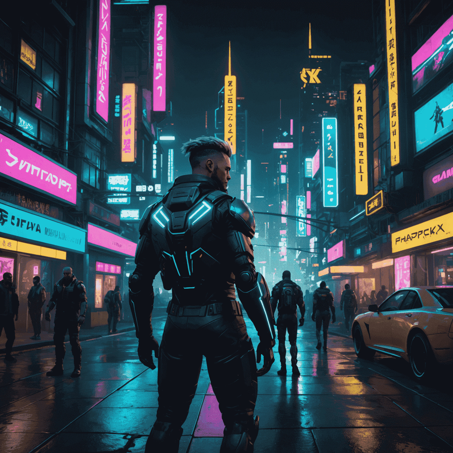 Cena noturna de Night City em Cyberpunk 2077: Phantom Liberty, mostrando personagens cibernéticos e neons